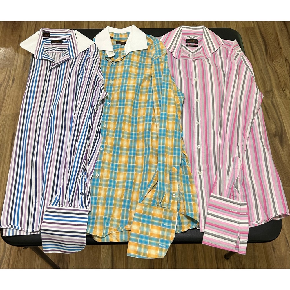 Steven Land Dress Shirts Men 15.5 Stripe Plaid French Cuff Cotton Bundle/3 Dandy